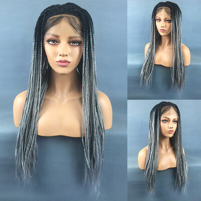 

Gobestart Women Synthetic Hair Braided Lace Front Wig Long Black Ombre Braid Wigs A