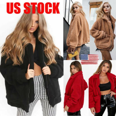 

US Womens Winter Teddy Bear Pocket Fluffy Coat Fleece Fur Jacket Outerwear
