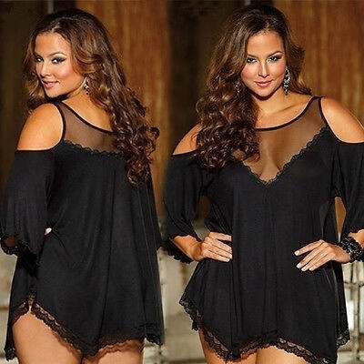 

Plus Size Black Lingerie Babydoll Underwear Lace Chemise Plus Size Loose Top Mini Dress14-16  2X 3XL