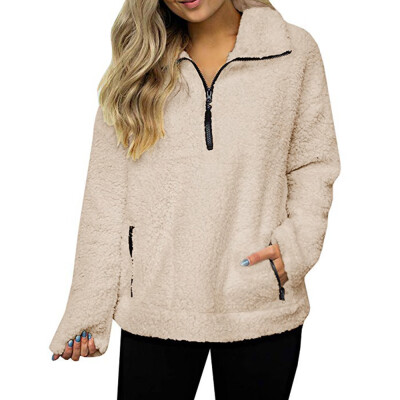 

Roseonmyhand Women Sweatshirt Coat Winter Warm Wool Zipper Pockets Cotton Coat Outwear