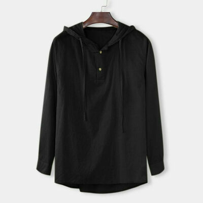 

Mens Casual Hooded T-Shirt Hoodies Long Sleeve Button Shirts Linen Tops Blouses