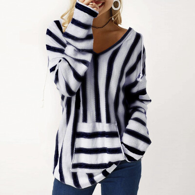 

Tailored Fashion Women Leisure Striped Print Long Hooded Strappy Sleeve V-Neck Tops