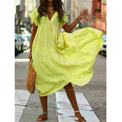 

Women Boho Cotton Linen Tunic Short Sleeve Maxi Dress Gypsy Casual Loose Shirt Kaftan Sundress