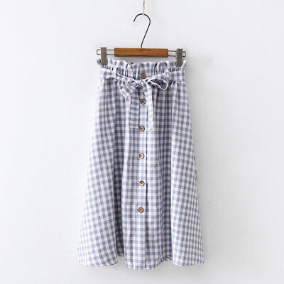 

Women Vintage Literary Style Elastic High Waist Button Plaid Print Wild A Word Long Paragraph Skirt