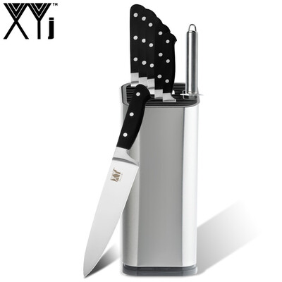 

XYJ 8 Pieces Stainless Steel Knife Set Comfortable Plastic Handle Kitchen Knife with Knife Holder Sharpener Rod Cooking Tools