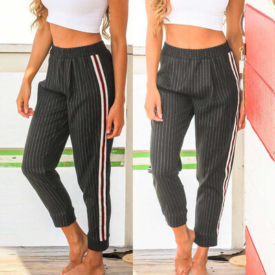 

Tailored Womens Fashion Stripe Lattice Casual Pants Ladies Slim Fit Full Length Trouser