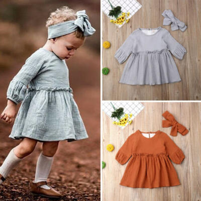 

USA Toddler Baby Girl Solid Clothes Ruffle Sleeve Dress Skirt Cotton Linen Dress