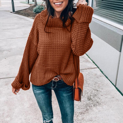 

Tailored Womens Plain High-Collar Knitted Sweater Long Sleeves And Loose Sweat Blouse