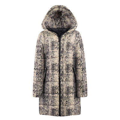 

Toponeto Womens Winter Long Down Cotton Snake Print Parka Hooded Coat Jacket Outwear