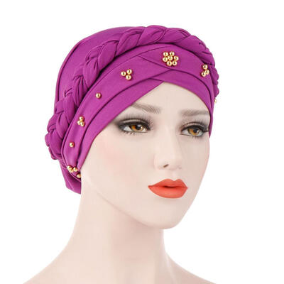 

Solid Color Braid Beads Decor Women Muslim Hijab Turban Head Scarf Cap Hat