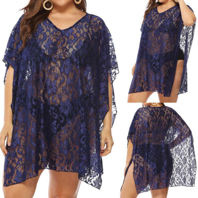 

Roseonmyhand Women Summer Plus size Lace Hollow out Smock Tops Solid Long Beach Cover Up