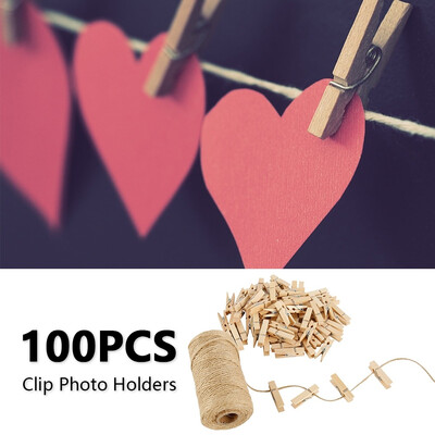 

100PCS Mini Natural Wooden Hemp Rope Wood Clip Set Clothespin Craft Clips Photo Clip Holder