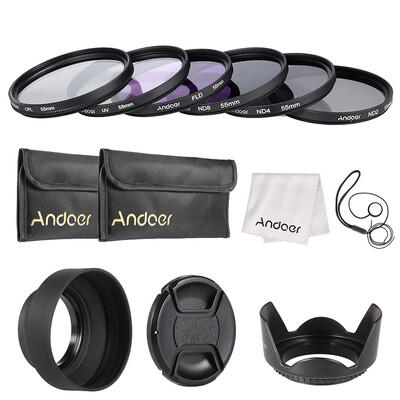 

Andoer 55mm Lens Filter Kit UVCPLFLDNDND2 ND4 ND8 with Carry Pouch Lens Cap Lens Cap Holder Tulip & Rubber Lens Hoods