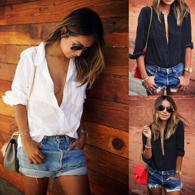 

Summer Women Casual Chiffon Long Sleeve Boyfriend Shirt V-neck Tops Blouse