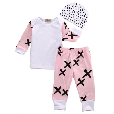 

0-3 Months Newborn Bay Girls 3 Pcs Infant Pink Cross Clothing Outfits Set Babies Kids Girl CottonTop T-shirtPantsHat Outfit