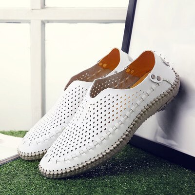 

Men Flat Genuine Leather Slip On Shoes Business Casual Hollow Soft Sole Loafers