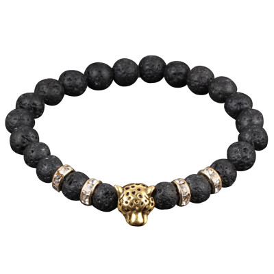 

Natural Matte Black Volcanic Lava Hand Cord Leopard Head Crystal Beads Inlaid Rhinestone Elasticity Bracelet