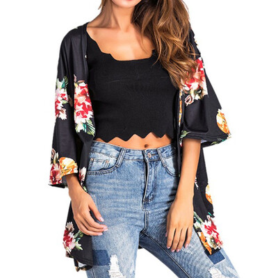 

Toponeto Womens Fashion Cotton Autumn Flower Print Half Sleeve Fashion Long Coat