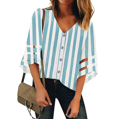 

Starmoon Women Striped Button V Neck Mesh Panel Blouse 34 Bell Sleeve Top Shirt