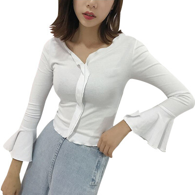 

Women Summer New Fashion Long-sleeved T-shirt Solid Color Ruffled Short Section Slim Slimming Shirt V-neck Irregular Top