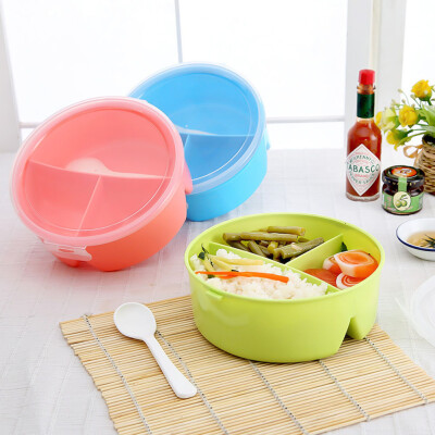 

Portable Microwave Round Lunch Boxes for Kids with 3 Partition Grids Picnic Bento Food Container Storage with Spoon