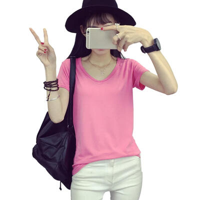 

Women Solid Color Cotton T Shirt Sexy V Neck Summer Short Sleeve Basic Tee