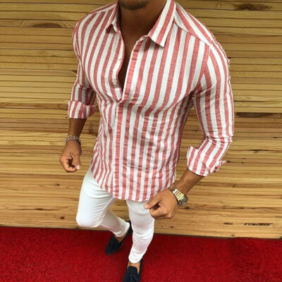 

Luxury Men Stylish Casual Dress Slim Fit T-Shirt Long Sleeve Formal Striped Tops
