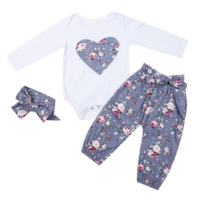 

Baby Girls Floral Heart Print Romper Tops Pants Leggings Headband 3pcs