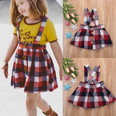 

Kids Fshion Newborn Baby Girl Princess Overall Plaid Straps Skirts Button Mini Dress