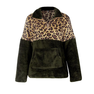 

Women Coat Autumn Stylish Personality All-match Color-blocked Leopard Printed Long Sleeve Zipper Winter Coat Soft Jacket Female