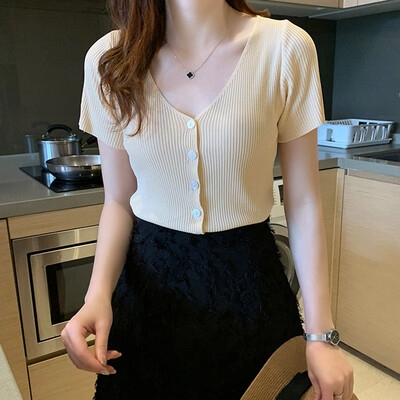 

Women tshirt Summer Concsie Casual All-match Solid Color Slim Fit V-collar Short Style T-shirts