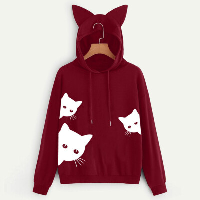 

Tailored Womens Cat Print Long Sleeve Hoodie Sweatshirt Hooded Pullover Tops Blouse