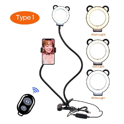 

2-in-1 Clip-on Smartphone Holder with Selfie Light 360° Rotation Long Arm Flexible Desktop Metal Bracket Stand with Dimmable Led F