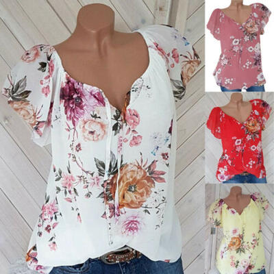 

Summer Womens Floral Tops Blouse Ladies Short Sleeve T-Shirt Plus Size 8-16