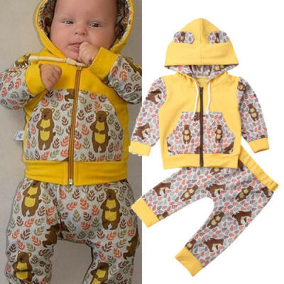 

US Newborn Baby Girl Boy Bear Zipper Hooded Coat Tops Long Pants Outfits Clothes