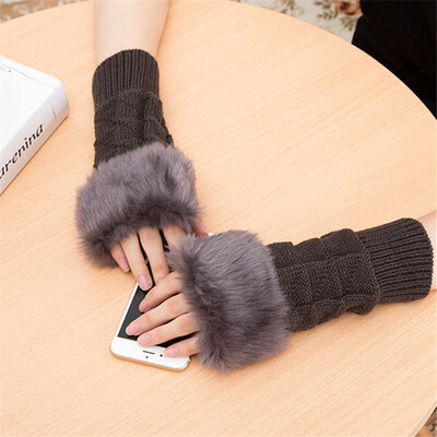 

Women Knitted Fingerless Wrist Hand Arm Winter Warmer Faux Fur Gloves Mittens Plush Handschoenen