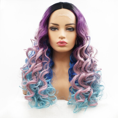 

Amazing Star Lace Frontal Wigs Curly Hair Mixed Color Heat Resistant Fiber Middle Part Synthetic Hair For Fashion Women
