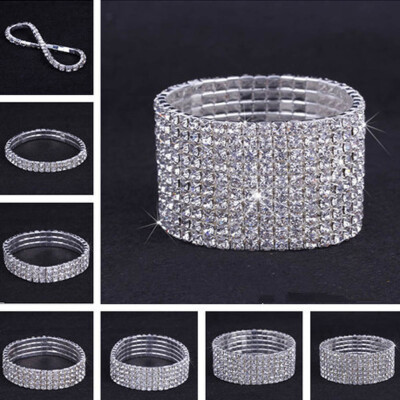 

New Style Fashion Women Rhinestone Crystal Elastic Stretch Silver Cuff Bracelet Bangle for Wedding Party1-10 Rows