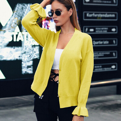 

Toponeto Womens Casual Solid Color Petal Sleeve Loose Button Cardigan Jacket Coat