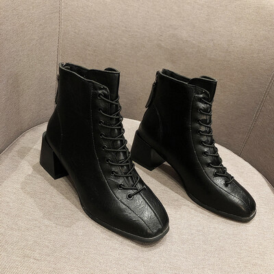 

Shoe Girls Spring&Autumn Single Boots Rough-heeled Square-headed Martin Boots High-heeled Boots Tied Lean Boots&Shoes