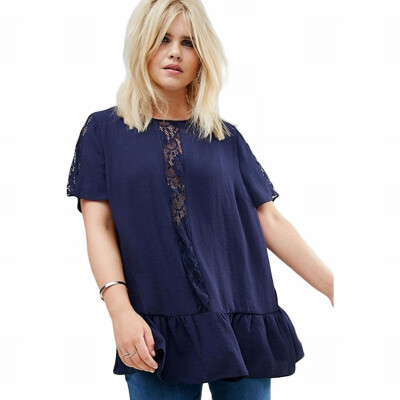 

Solid color round neck short-sleeved lace stitching hem Plus Size casual top