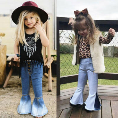 

US Stock Kids Baby Girls Bell-Bottoms Pants Denim Wide Legs Jeans Trousers 2-7Y