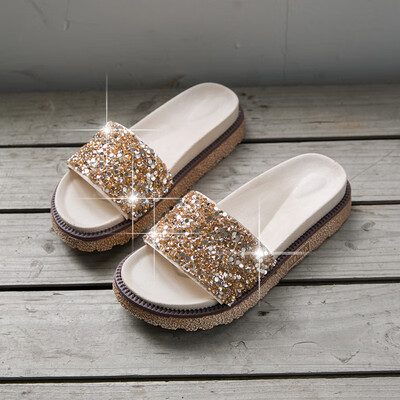 

2019 new summer sandals women wear fashion Joker high heel thick bottom net red word sandals lazy slippers