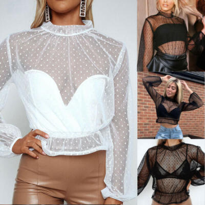 

Women Sheer Mesh Crop Top Ladies Girls Long Sleeve Crew Neck Stretchy T Shirt UK