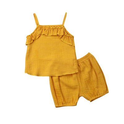 

2PCS Newborn Baby Girls Cotton linen Strap TopsShorts Summer Outfits Set 0-3Y