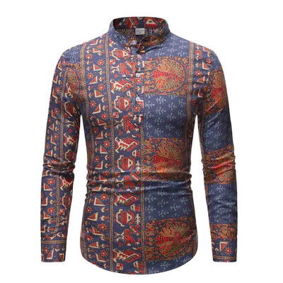

Tailored Mens Ethnic Long Sleeve Casual Cotton Linen Printing Hawaiian Shirt Blouse