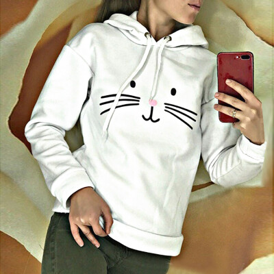 

Tailored Women Ladies Autumn Cat Print Long Sleeve Sweatshirt Hooded Pullover Tops Shirt