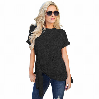 

Womens waist T-shirt round neck short sleeve knotted smock