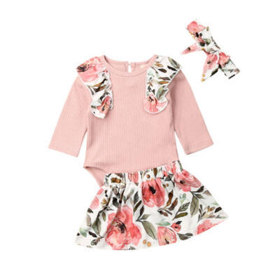 

US Baby Floral Girls Cotton Long Sleeve Tops RomperDress SkirtHeadwear Outfit
