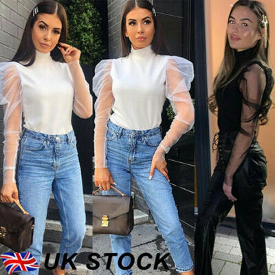 

UK New Women Ladies Long Puff Sleeve Ruffle Slim Bodycon Shirt Blouse Crop Tops